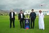ICC Acting CEO Geoff Allardice, BCCI Secretary Jai Shah, BCCI President Sourav Ganguly and Oman Cricket Chairman Pankaj Khimji with the ICC Men’s T20 World Cup trophy