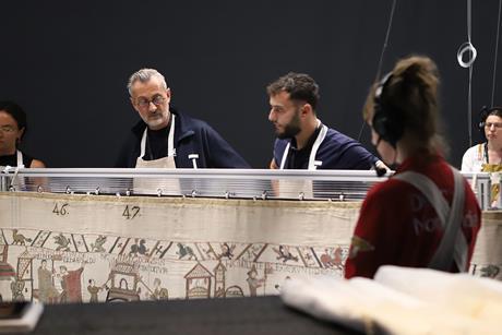 Gilles and Clement Tournillon with the Tapestry on its paravet