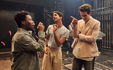BTS - Fisayo Akinade (Mercutio), Shubham Saraf (Benvolio) and Josh O'Connor (Romeo) on set for Romeo & Juliet at the NT. Photo by Rob Youngson