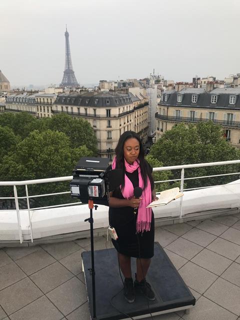 Ayshah Tull at live position in Paris in 2019 for Channel 4 News covering the Gillets Jaunes protests