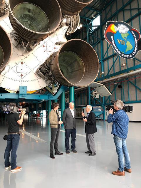 Brian Cox Dara OBriain with Astronaut Charlie Duke and DOPs Tom Hayward and Steve Robson