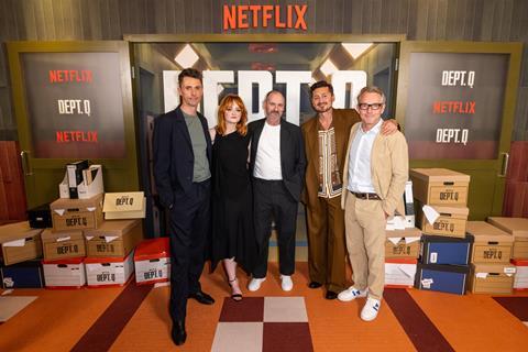 Dept Q - (L to R) Matthew Goode, Leah Byrne, Scott Frank, Alexej Manvelov and Rob Bullock_Photo by StillMoving Net for Netflix
