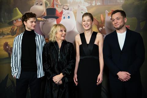 L-R Edvin Endre, Jennifer Saunders, Rosamund Pike, Taron Egerton MOOMINV...