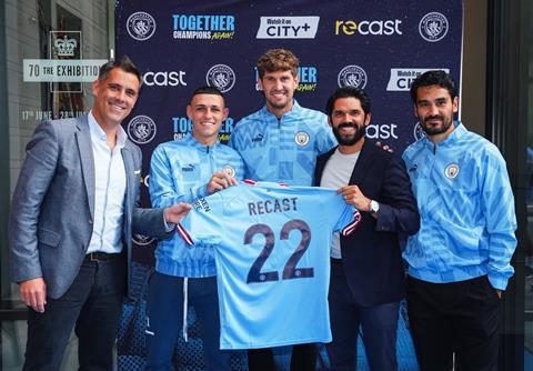 Man City Recast Channel Launch (L-R) Gavin Johnson, Media Director at City Football Group, Phil Foden, John Stones, Andy Meikle, Recast CEO, Ilkay Gundogan)