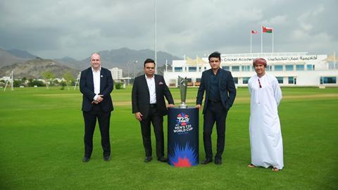 ICC Acting CEO Geoff Allardice, BCCI Secretary Jai Shah, BCCI President Sourav Ganguly and Oman Cricket Chairman Pankaj Khimji with the ICC Men’s T20 World Cup trophy