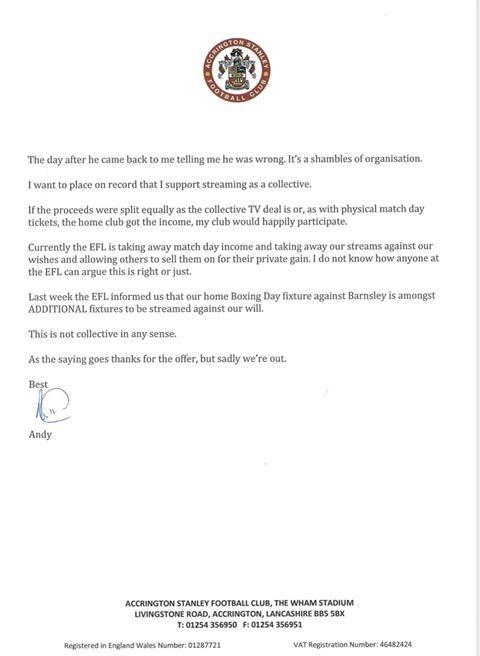 Andy Holt Accrington Stanley EFL iFollow letter