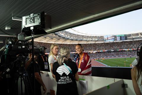 American decathlete Anna Hall being interviewd by World Athletics Productions_Credit ITN