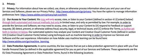 Adobe Creative Cloud terms of service AI 2