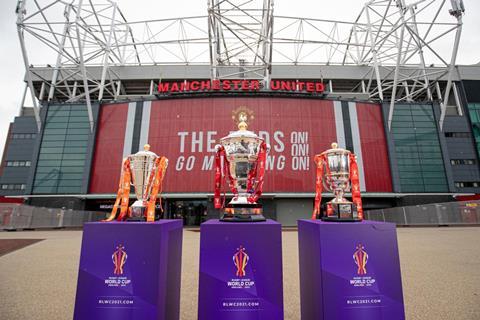 (L-R) The Women's, Men's and Wheelchair RLWC Trophies on display at Old Trafford, Manchester (Credit SWPix).jpg.gallery