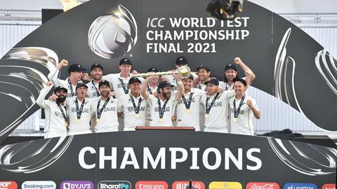 New Zealand players celebrate after being handed the ICC Test Championship Mace in Southampton on Wednesday