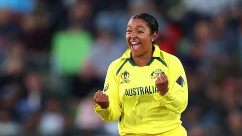 Alana King of Australia celebrates after dismissing Heather Knight of England during the 2022 ICC Women's Cricket World Cup Final match between Australia and England at Hagley Oval on April 03, 2022 in Christchurch,